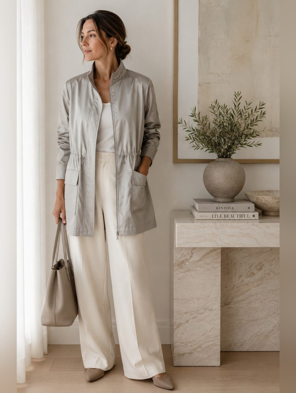 Eileen Fisher Satin Utility Jacket Funnel Neck Minimal Luxe Trench XS
